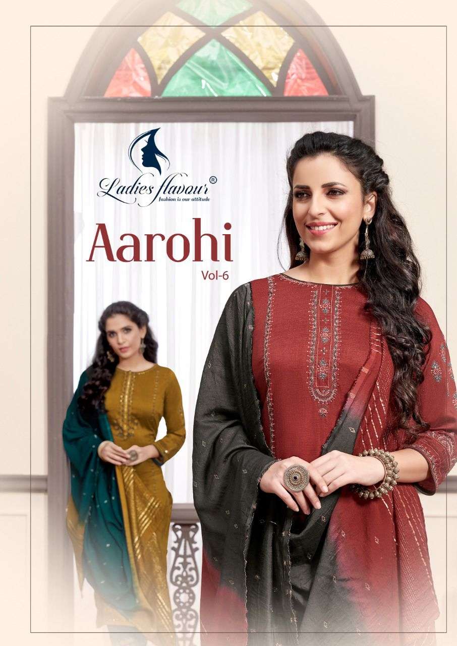 AAROHI VOL-6 BY LADIES FLAVOUR 6001 TO 6006 SERIES CHINON EMBROIDERED DRESSES