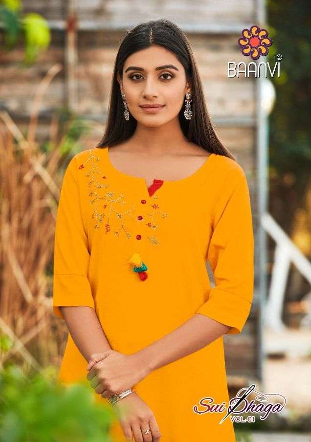 SUI DHAGA VOL-1 BY BAANVI 101 TO 108 SERIES RAYON SLUB EMBROIDERED KURTIS