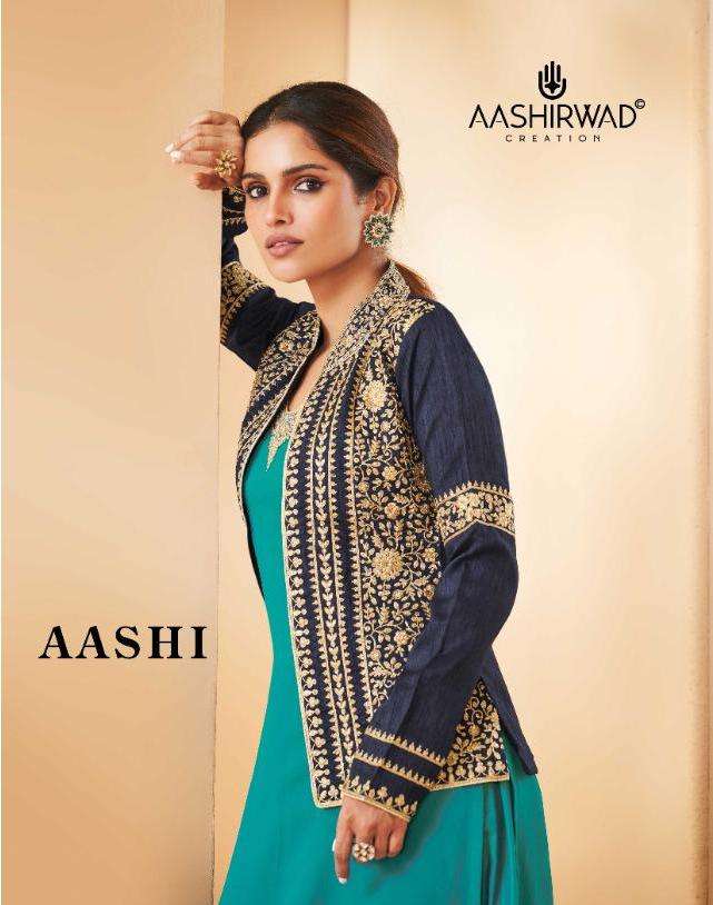 AASHI BY AASHIRWAD CREATION 8530 TO 8535 SERIES DESIGNER GEORGETTE DRESSES WITH KOTI