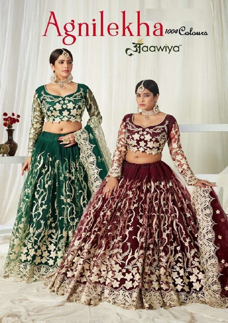 AGNILEKHA 1004 COLOURS BY AAWIYA 1004-A TO 1004-C SERIES HEAVY NET LEHENGAS