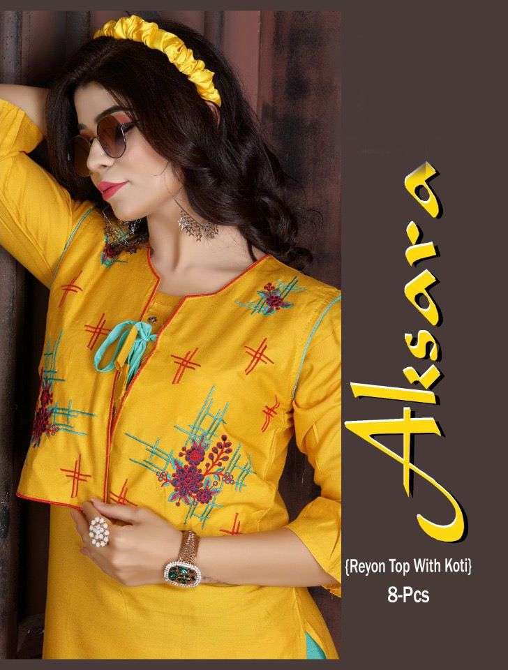 AKSARA BY ASLIWHOLESALE 01 TO 08 SERIES PRINTED RAYON KURTIS WITH KOTI