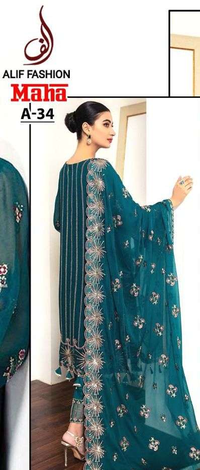 MAHA A-34 BY ALIF FASHION DESIGNER FAUX GEORGETTE PAKISTANI DRESS