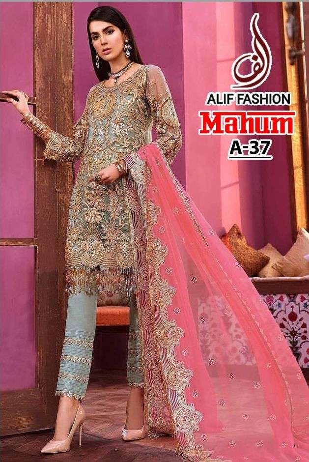 MAHUM A-37 BY ALIF FASHION DESIGNER BUTTERFLY NET PAKISTANI DRESS