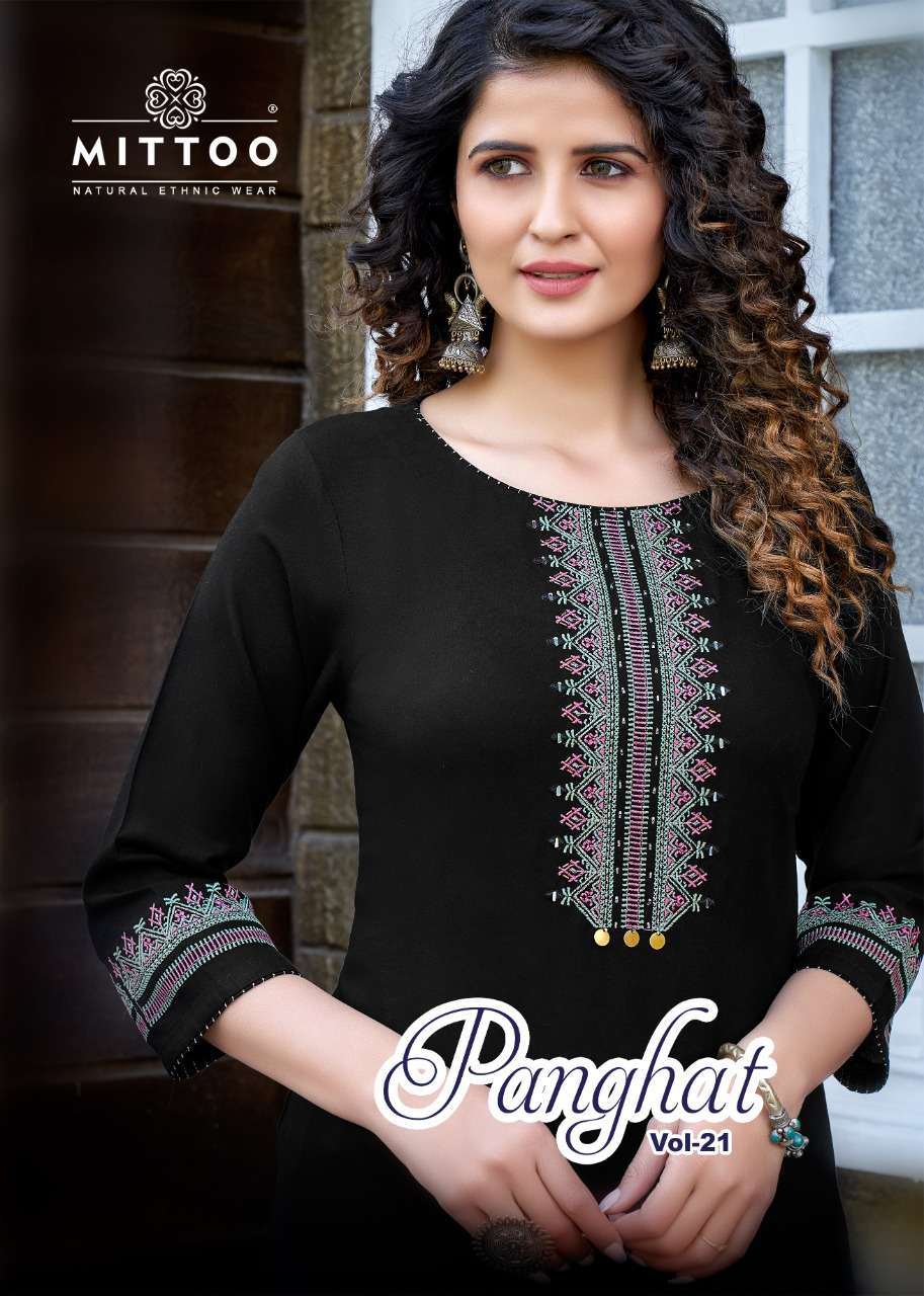 PANGHAT VOL-21 BY MITTOO 2132 TO 2137 SERIES RAYON EMBROIDERED KURTIS WITH PALAZZO