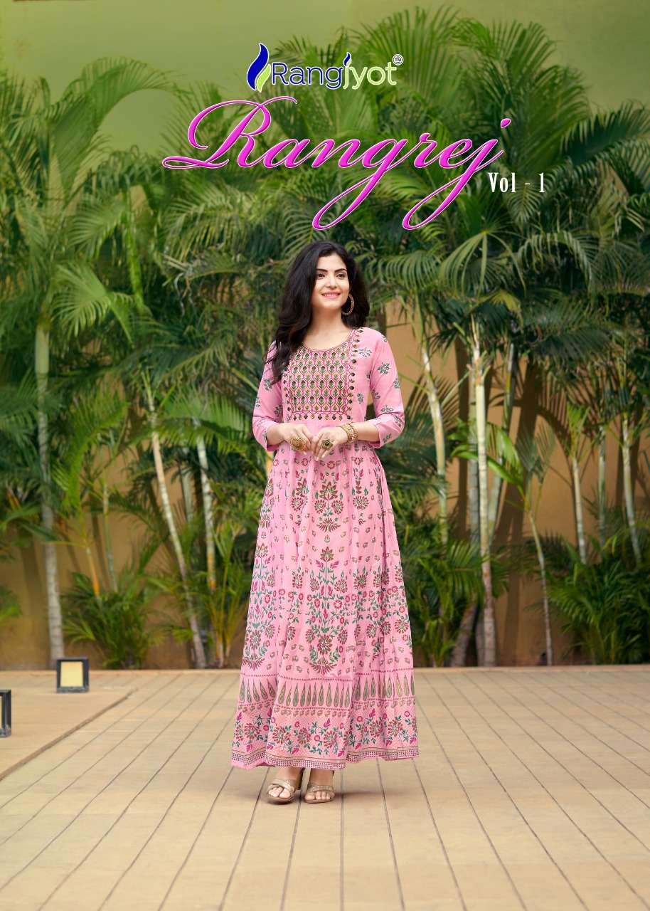 RANGREJ VOL-1 BY RANGJYOT 1001 TO 1008 SERIES DESIGNER RAYON KURTIS