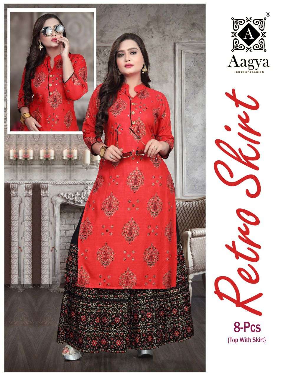 RETRO SKIRT VOL-2 BY AAGYA 01 TO 08 SERIES DESIGNER RAYON KURTIS WITH SKIRT