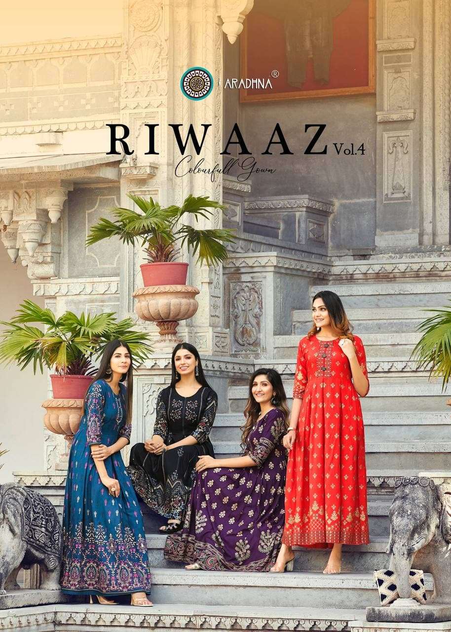 RIWAAZ VOL-4 BY ARADHNA FASHION 4001 TO 4012 SERIES RAYON LONG KURTIS