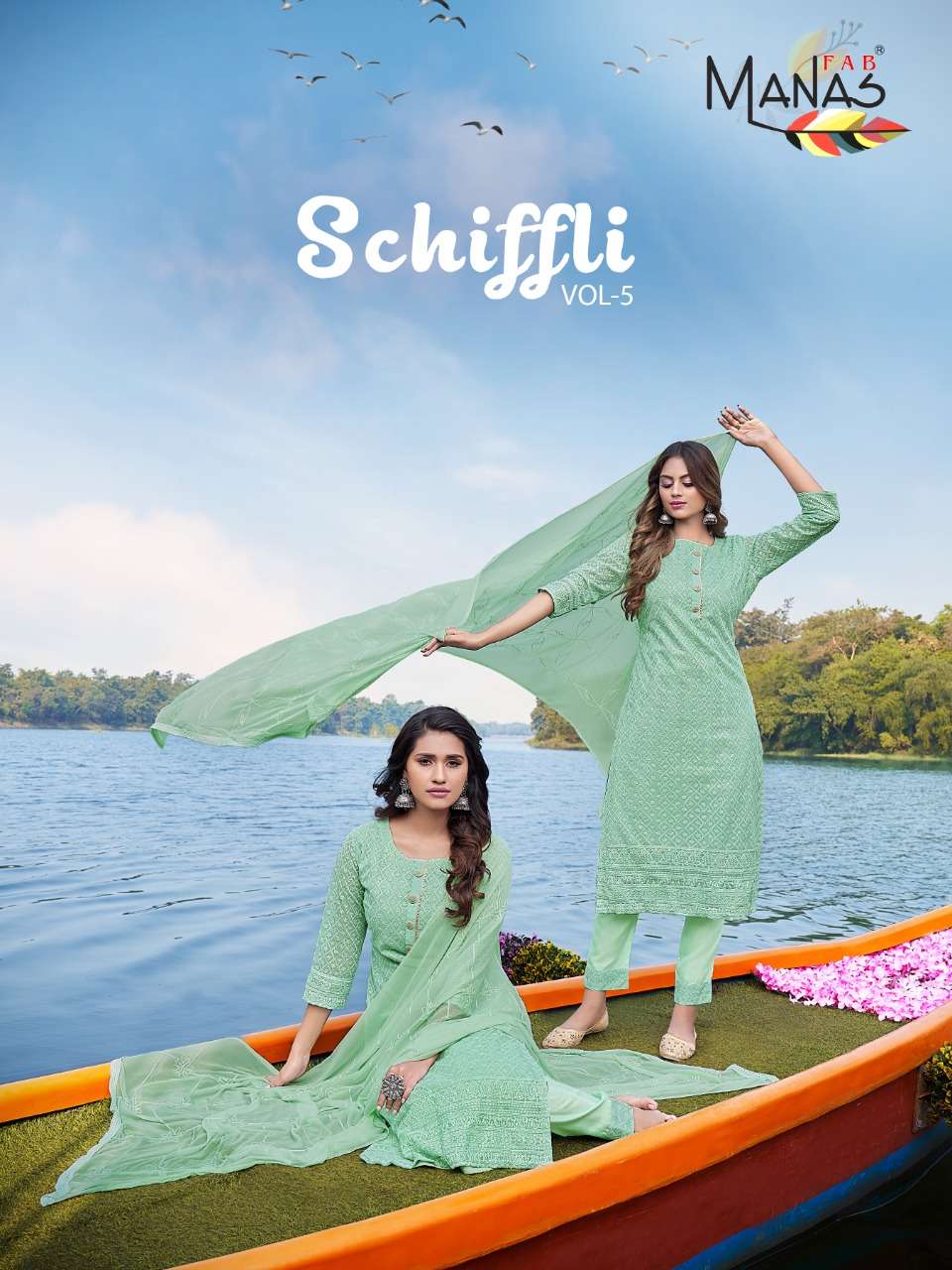 SCHIFFLI VOL-5 BY MANAS FAB 7025 TO 7030 SERIES DESIGNER GEORGETTE DRESSES