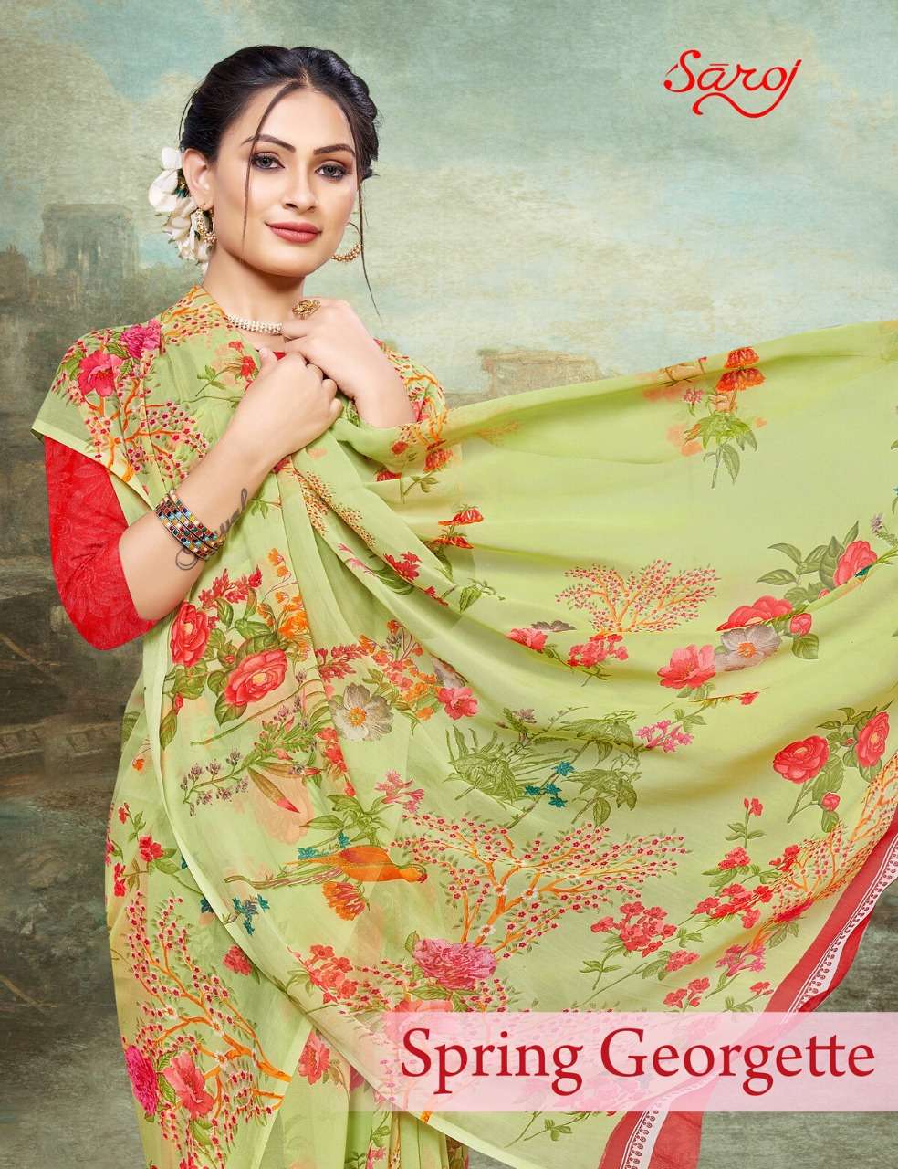 SPRING GEORGETTE BY SAROJ 3201 TO 3208 SERIES DESIGNER GEORGETTE SAREES