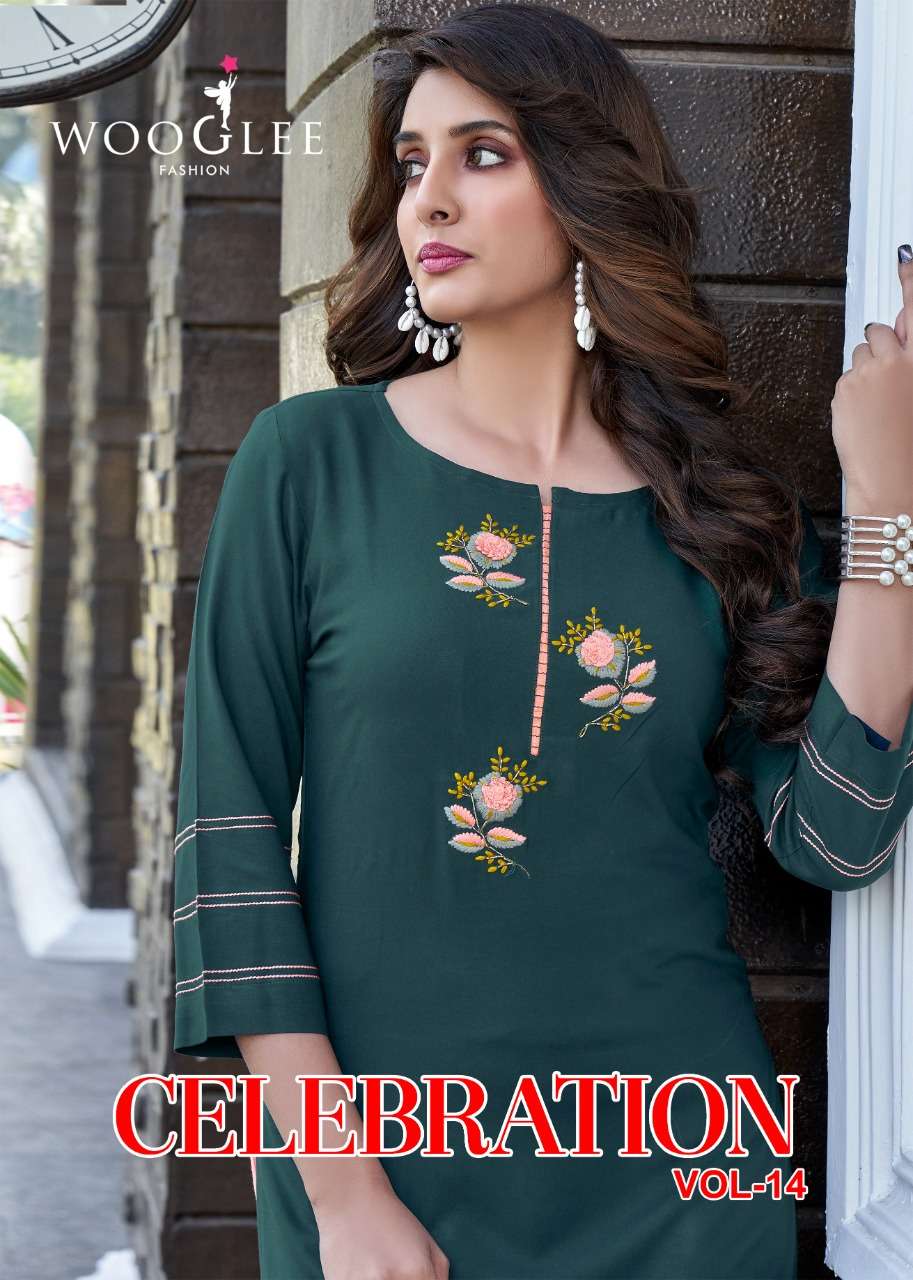 CELEBRATION VOL-14 BY WOOGLEE 1088 TO 1093 SERIES DESIGNER RAYON KURTIS