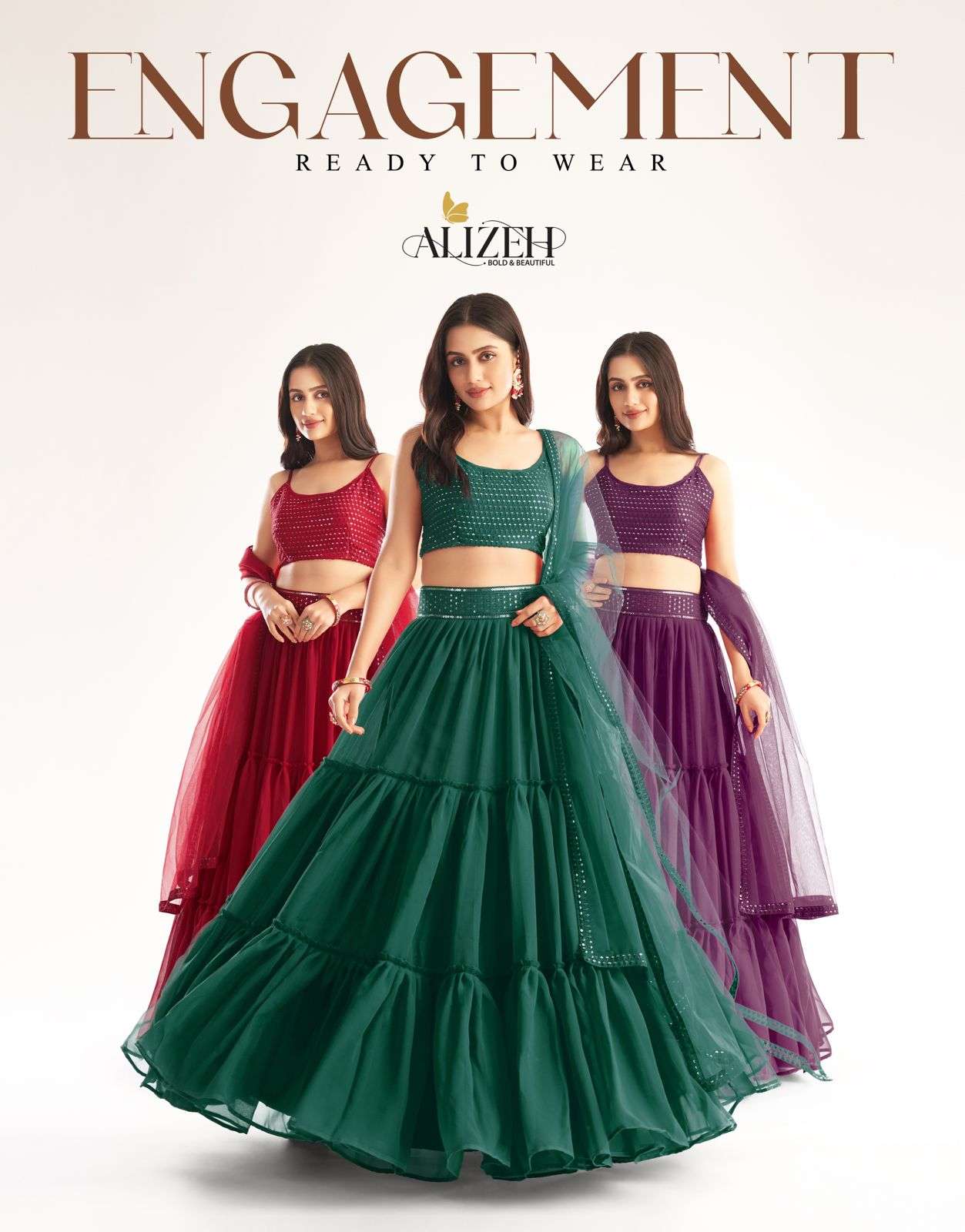 ENGAGEMENT READY TO WEAR BY ALIZEH 1060-A TO 1060-E SERIES GEORGETTE LEHENGAS