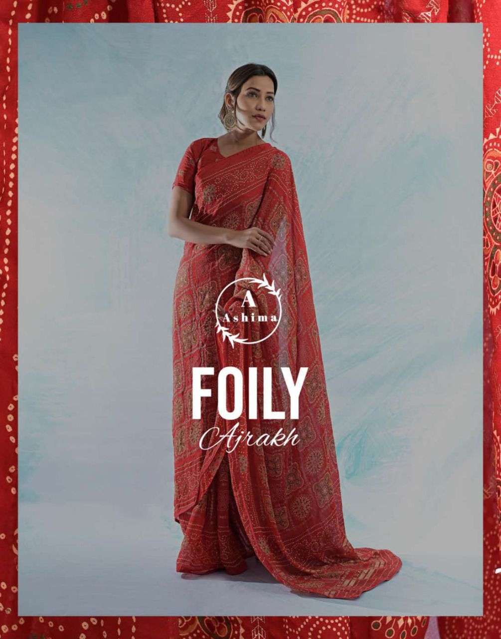 FOILY AJRAKH BY ASHIMA 1301 TO 1308 SERIES CHIFFON BANDHANI PRINT SAREES