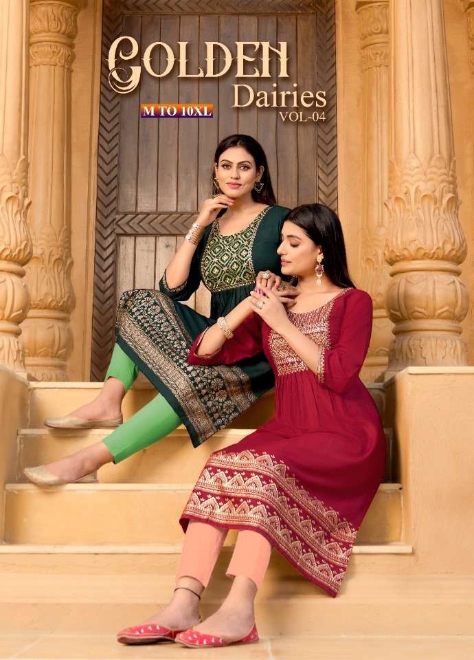 GOLDEN DIARIES VOL-4 BY ASLIWHOLESALE 1001 TO 1008 SERIES DESIGNER RAYON KURTIS