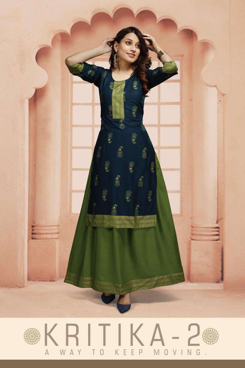 KRITIKA BY ASLIWHOLESALE 1001 TO 1008 SERIES DESIGNER RAYON KURTIS WITH SKIRTS