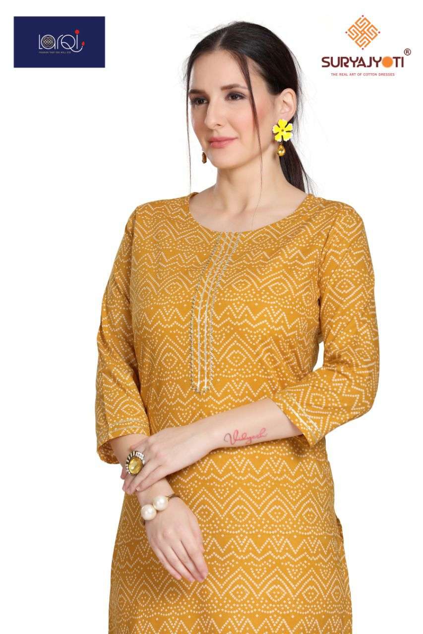 LARQI BY SURYAJYOTI 01 TO 06 SERIES DESIGNER COTTON KURTIS WITH PANTS