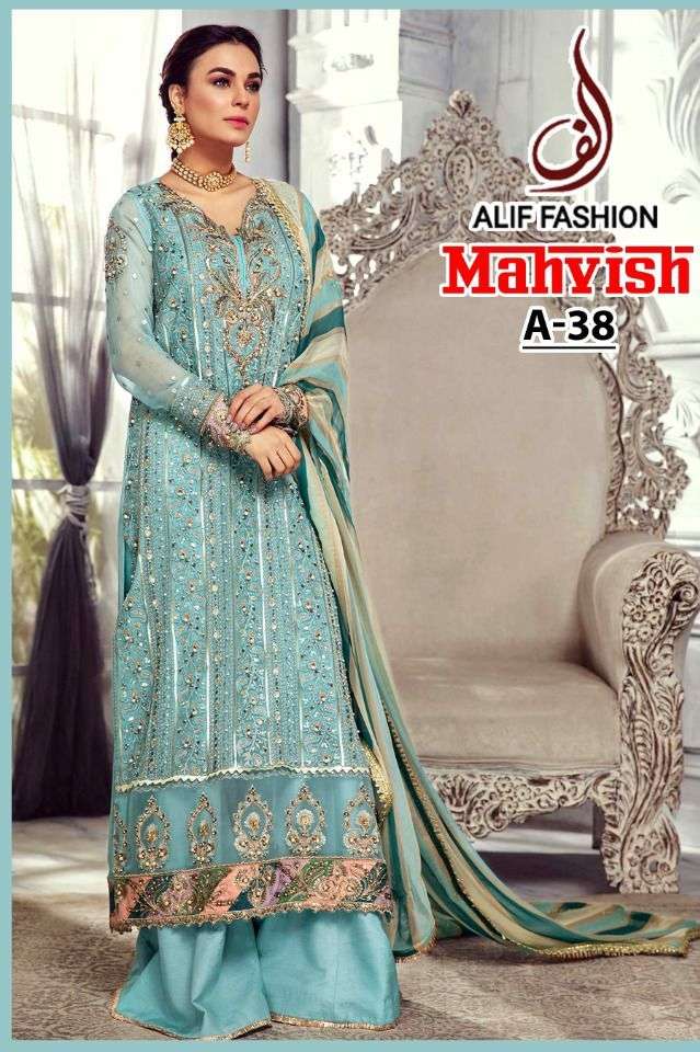 MAHVISH A-38 BY ALIF FASHION DESIGNER BUTTERFLY NET PAKISTANI DRESS