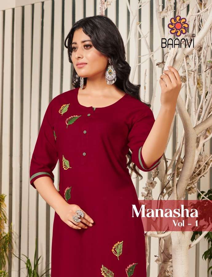 MANASHA VOL-1 BY BAANVI 101 TO 108 SERIES EMBROIDERED RAYON SLUB KURTIS