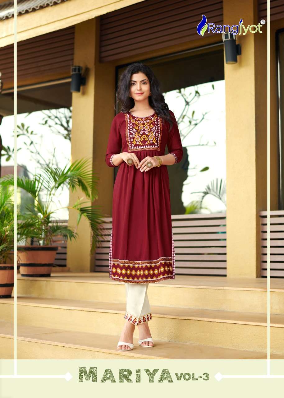 MARIYA VOL-3 BY RANGJYOT 2017 TO 2024 SERIES DESIGNER RAYON KURTIS WITH PANT