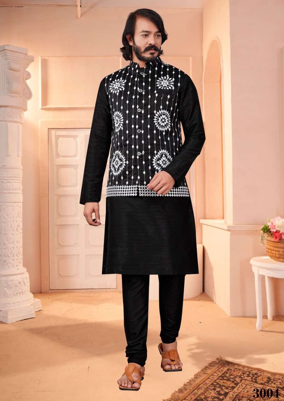 MIRROR VOL-3 BY ASLIWHOLESALE 3001 TO 3009 SERIES ART SILK MENS KURTAS WITH PAJAMA & JACKET