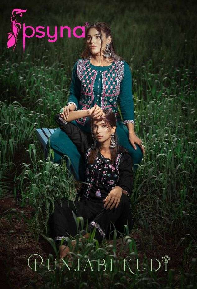 PUNJABI KUDI BY PSYNA 1001 TO 1006 SERIES DESIGNER RAYON KURTIS WITH PANT AND JACKET