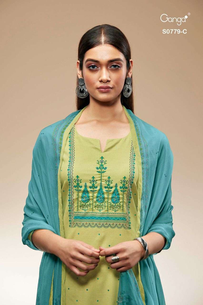 SHALIN-779 BY GANGA FASHIONS S0779-A TO S0779-D SERIES DESIGNER COTTON DRESSES