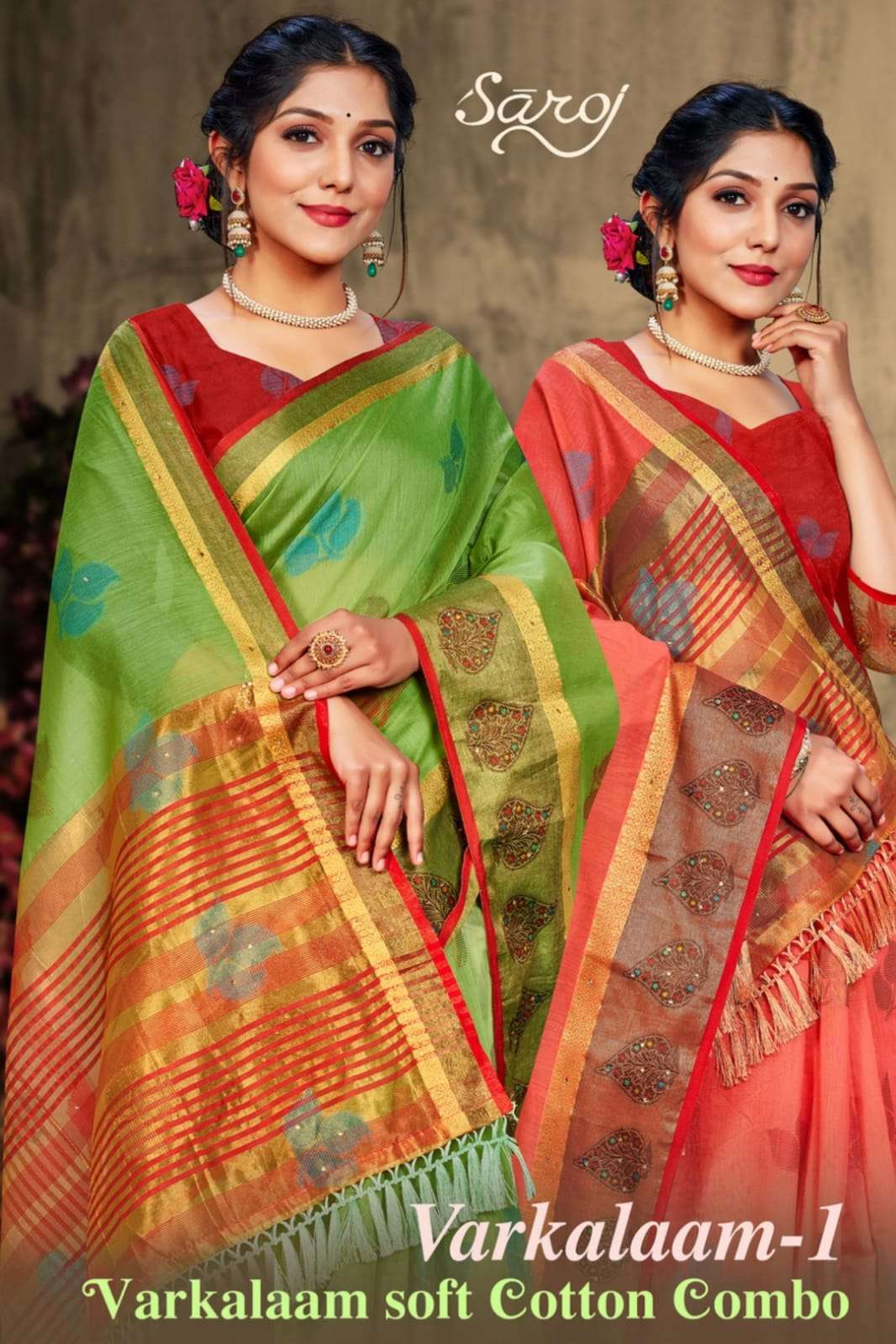 VARKALAAM VOL-1 BY SAROJ 5301 TO 5306 SERIES DESIGNER COTTON SILK SAREES