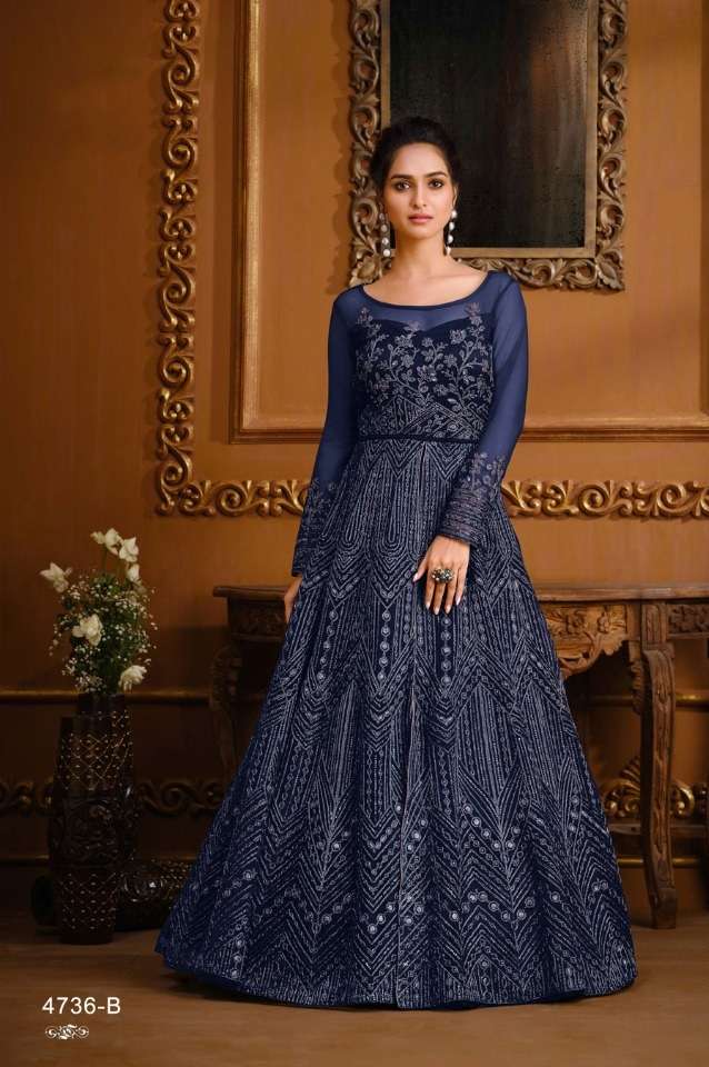 VARSHA 4736 COLOURS BY ASLIWHOLESALE 4736-A TO 4736-D SERIES HEAVY NET DRESSES