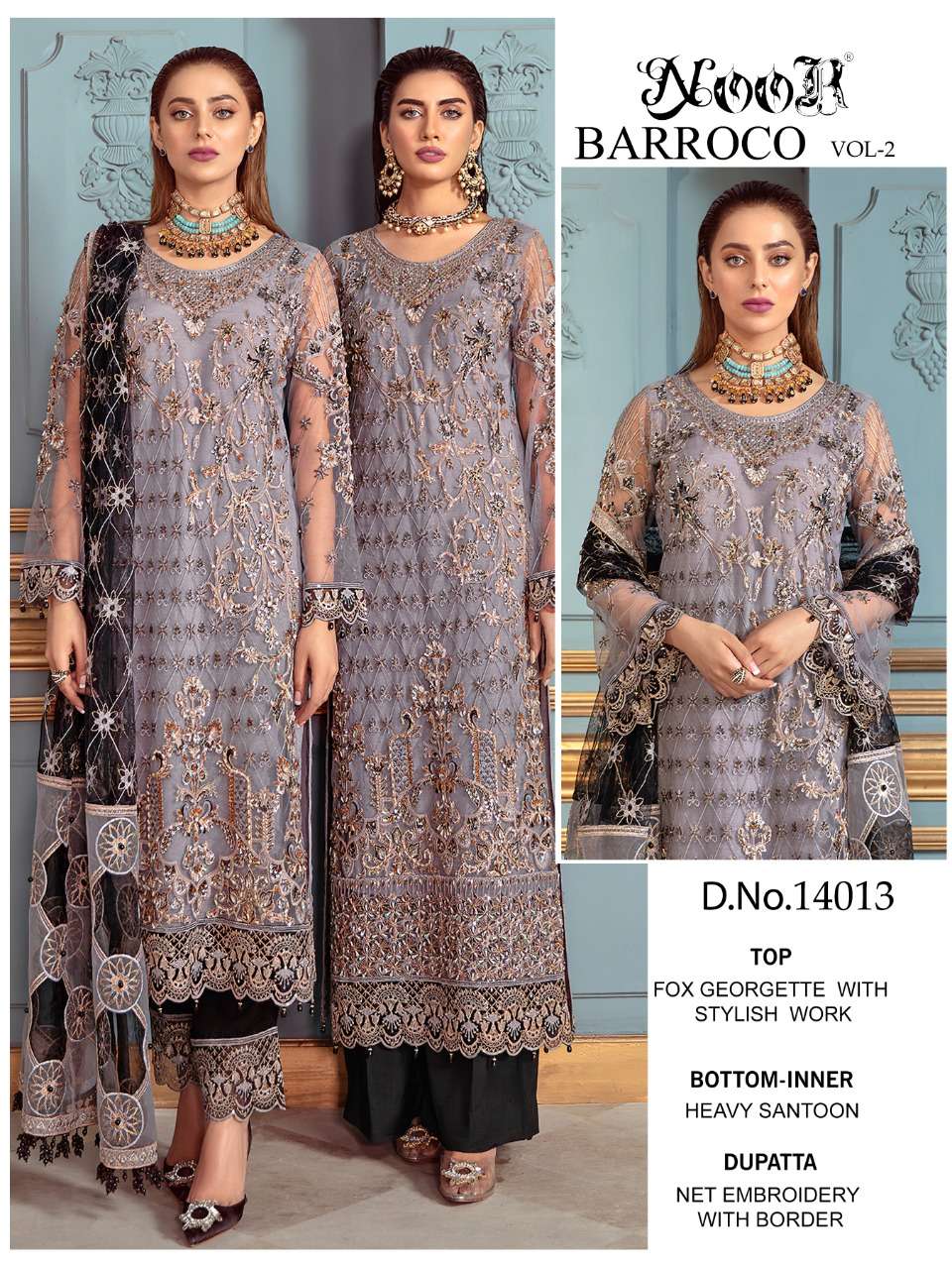 BARROCO VOL-2 BY NOOR 14013 TO 14015 SERIES DESIGNER PAKISTANI GEORGETTE DRESSES