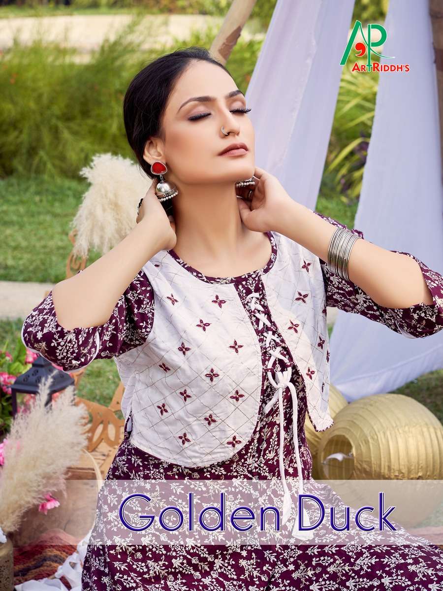 GOLDEN DUCK BY ART RIDDHS 5001 TO 5005 SERIES RAYON KURTIS WITH KOTI