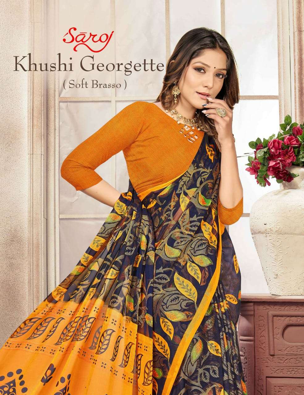 KHUSHI GEORGETTE BY SAROJ 8401 TO 8408 SERIES DESIGNER BRASSO SAREES