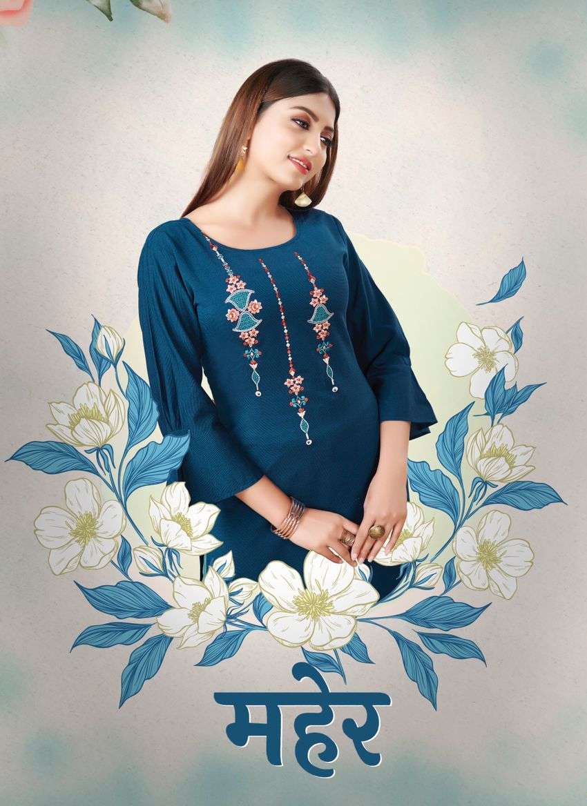 MEHER BY RIJIYA TRENDZ 8001 TO 8006 SERIES DESIGNER RAYON KURTIS WITH PANTS