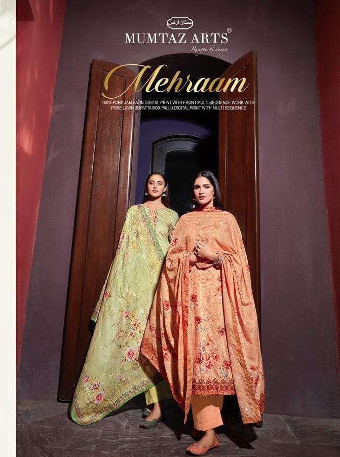 MEHRAAM BY MUMTAZ ARTS 7001 TO 7010 SERIES DESIGNER JAM SATIN DRESSES