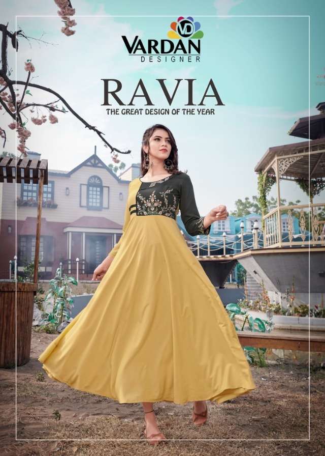 RAVIA VOL-1 BY VARDAN DESIGNER 6041 TO 6044 SERIES DESIGNER RAYON LONG KURTIS