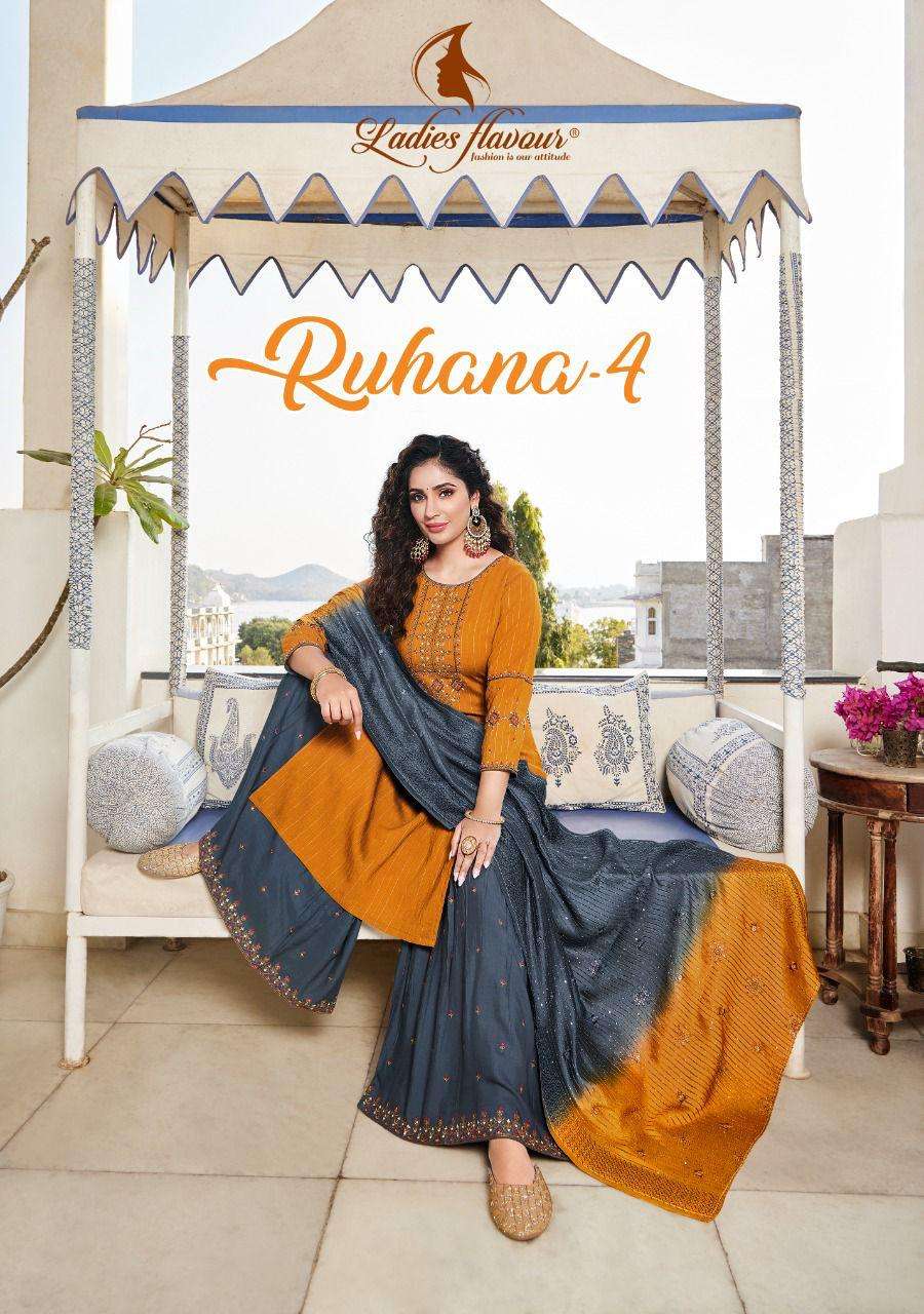 RUHANA VOL-4 BY LADIES FLAVOUR 5001 TO 5006 SERIES DESIGNER VISCOSE DRESSES