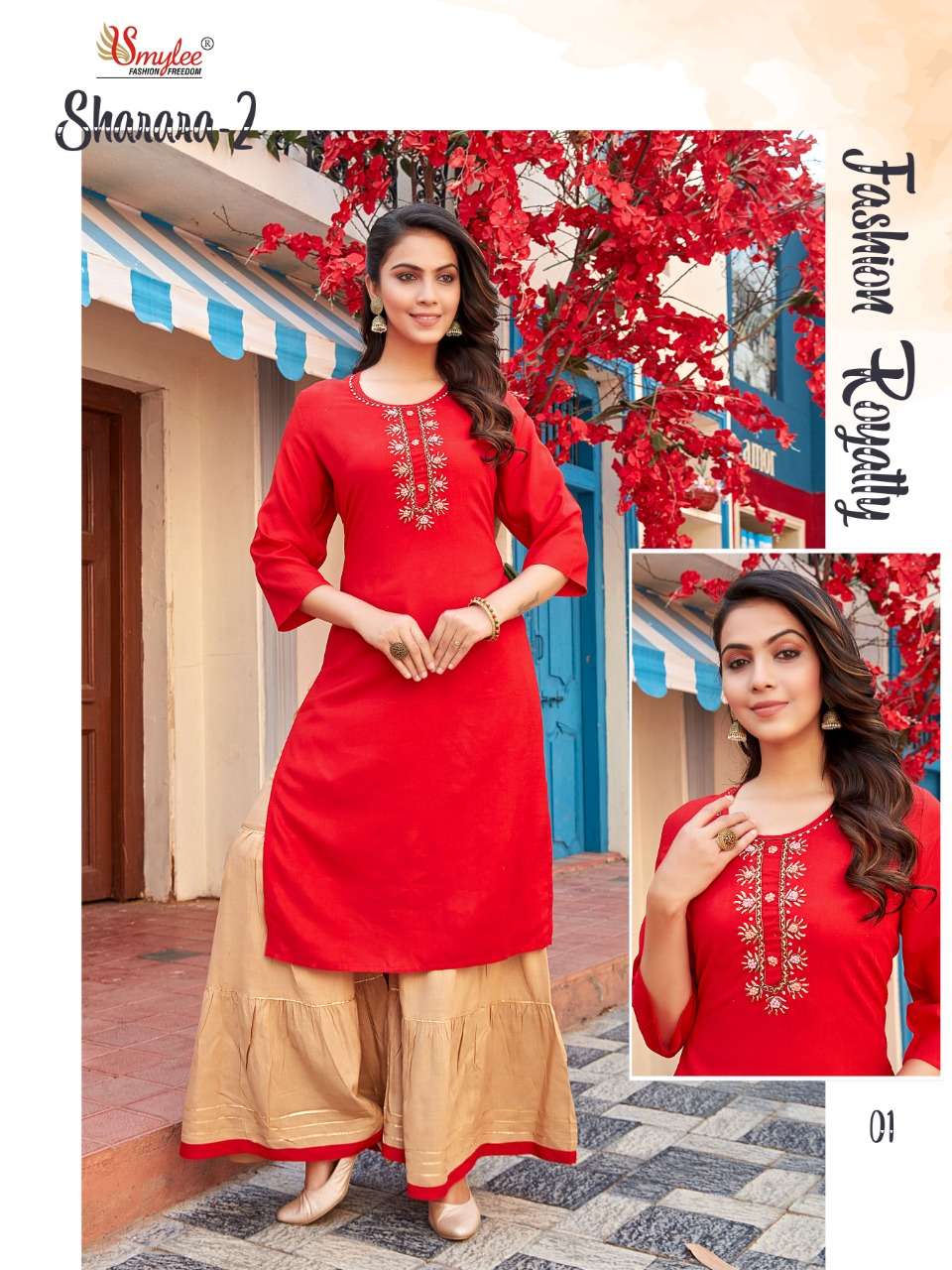 SHARARA VOL-2 BY SMYLEE 01 TO 06 SERIES DESIGNER RAYON KURTIS WITH BOTTOM