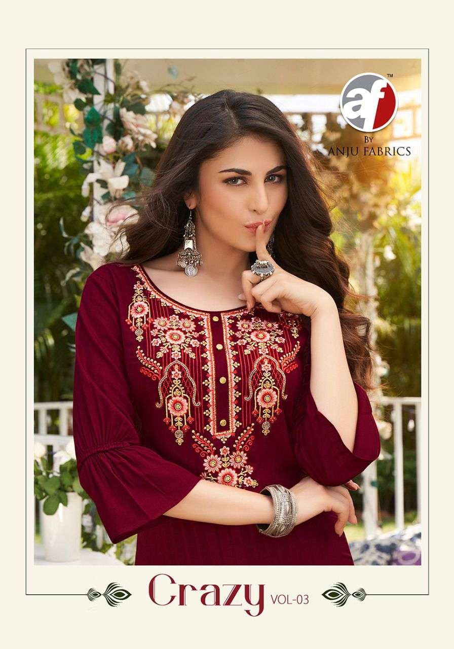 CRAZY VOL-3 BY ANJU FABRICS 2351 TO 2356 SERIES DESIGNER RAYON KURTIS