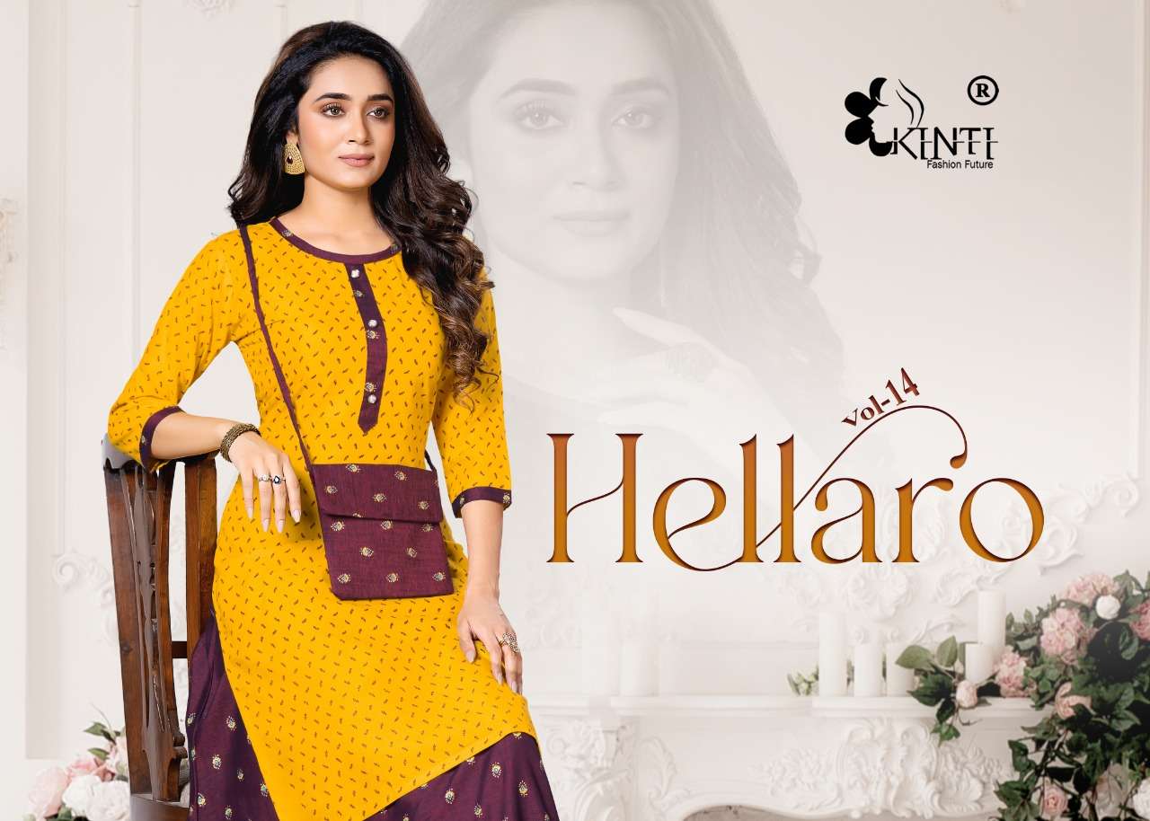 HELLARO VOL-14 BY KINTI 1401 TO 1408 SERIES DESIGNER RAYON KURTIS WITH SKIRTS