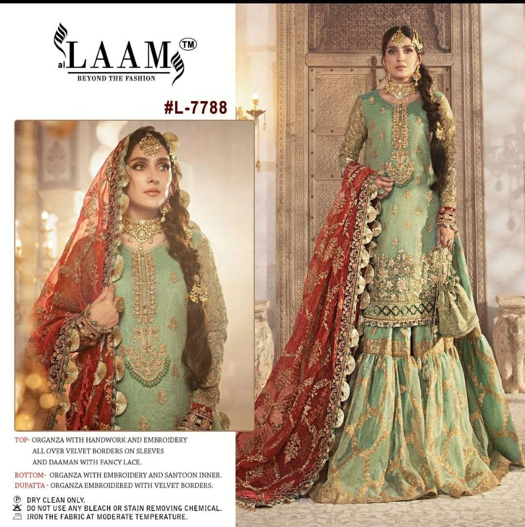 L-7788 BY AL LAAM DESIGNER HEAVY ORGANZA EMBROIDERED PAKISTANI DRESS