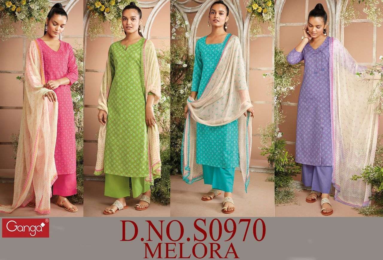 MELORA-970 BY GANGA FASHIONS S0970-A TO S0970-D SERIES DESIGNER COTTON DRESSES