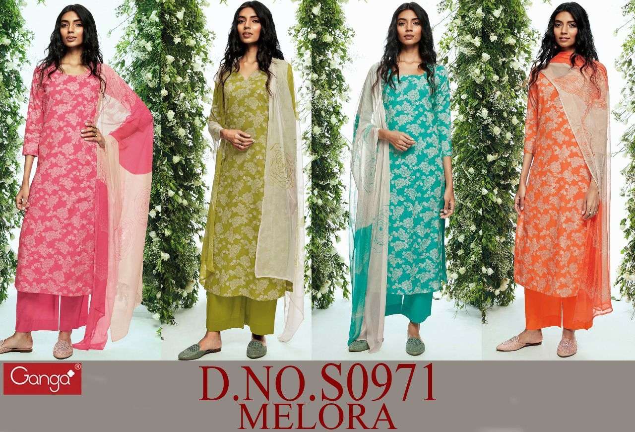 MELORA-971 BY GANGA FASHIONS S0971-A TO S0971-D SERIES DESIGNER COTTON DRESSES