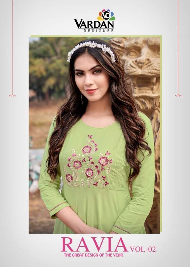 RAVIA VOL-2 BY VARDAN DESIGNER 6045 TO 6048 SERIES DESIGNER RAYON LONG KURTIS