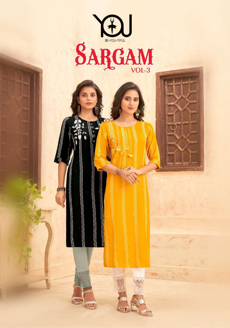 SARGAM VOL-3 BY YOU 1001 TO 1006 SERIES DESIGNER KURTIS WITH PANT