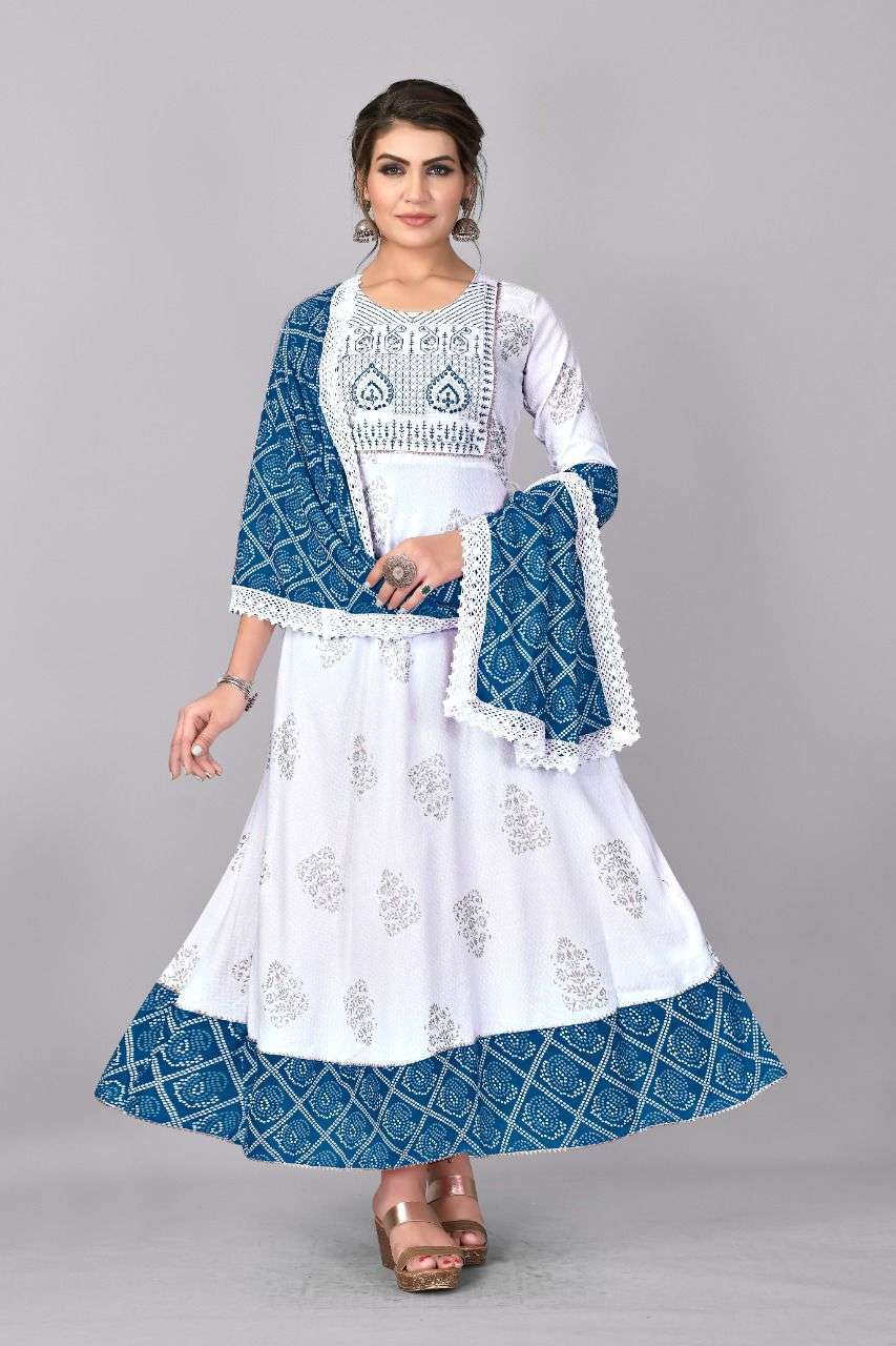 WHITE FEATHER BY ASLIWHOLESALE 101 TO 104 SERIES DESIGNER RAYON GOWNS WITH DUPATTA