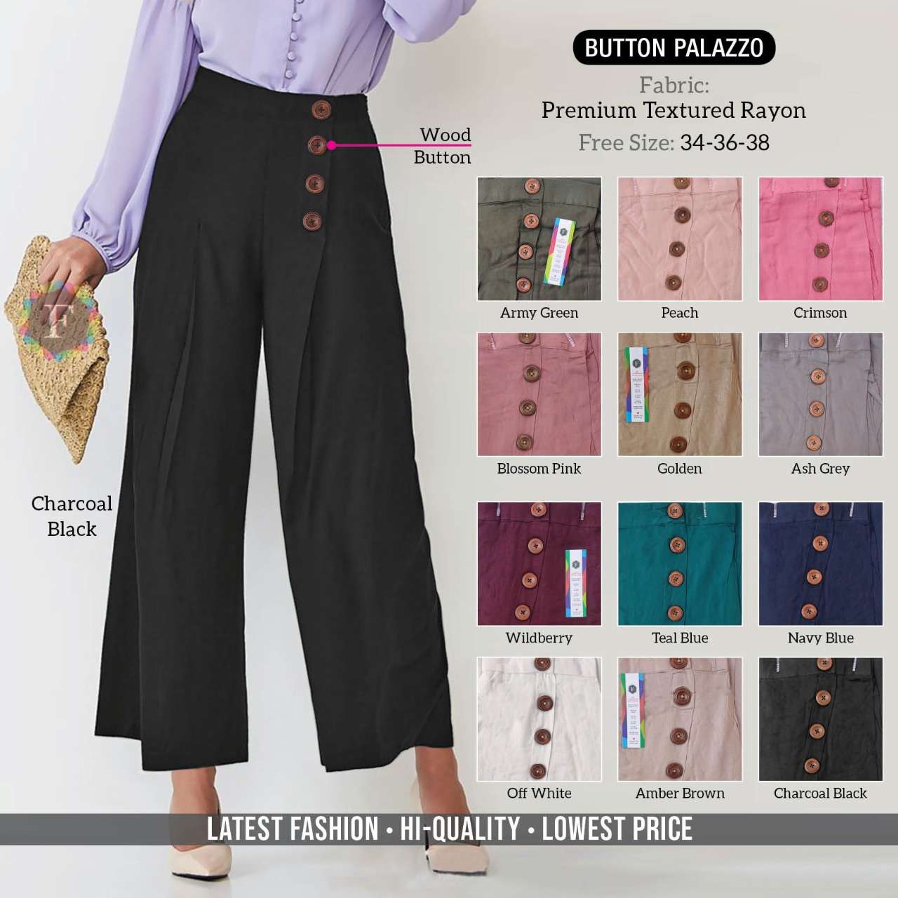 BUTTONS PALAZO BY ASLIWHOLESALE 01 TO 12 SERIES STYLIST CASUAL PALAZOS