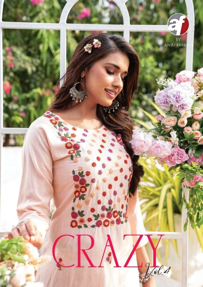 CRAZY VOL-4 BY ANJU FABRICS 2401 TO 2406 SERIES VISCOSE RAYON KURTIS