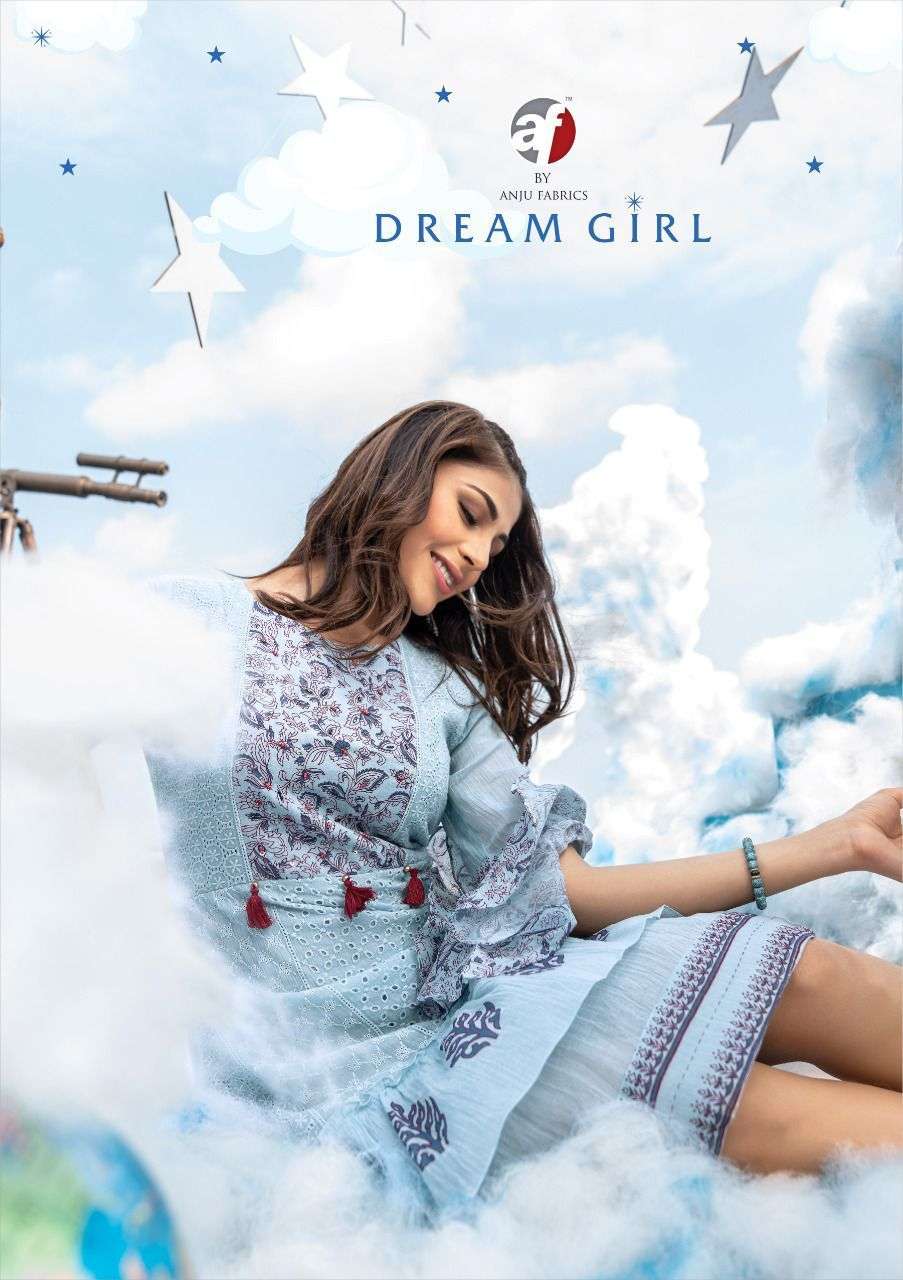 DREAM GIRL BY ANJU FABRICS 2441 TO 2446 SERIES COTTON PRINT EMBROIDERED KURTIS