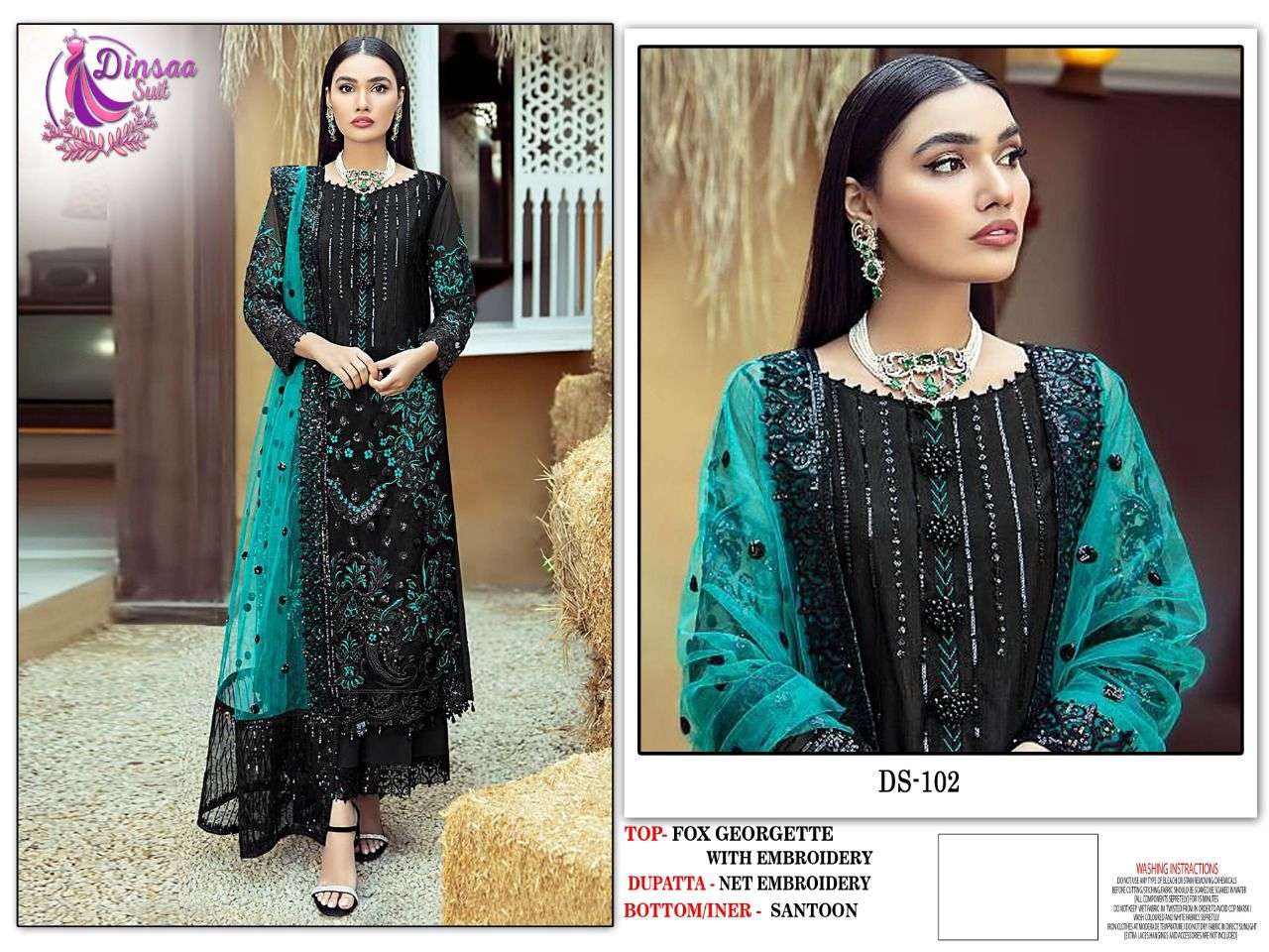 DS-102 HIT COLOURS BY DINSAA SUITS DESIGNER GEORGETTE EMBROIDERED PAKISTANI DRESS