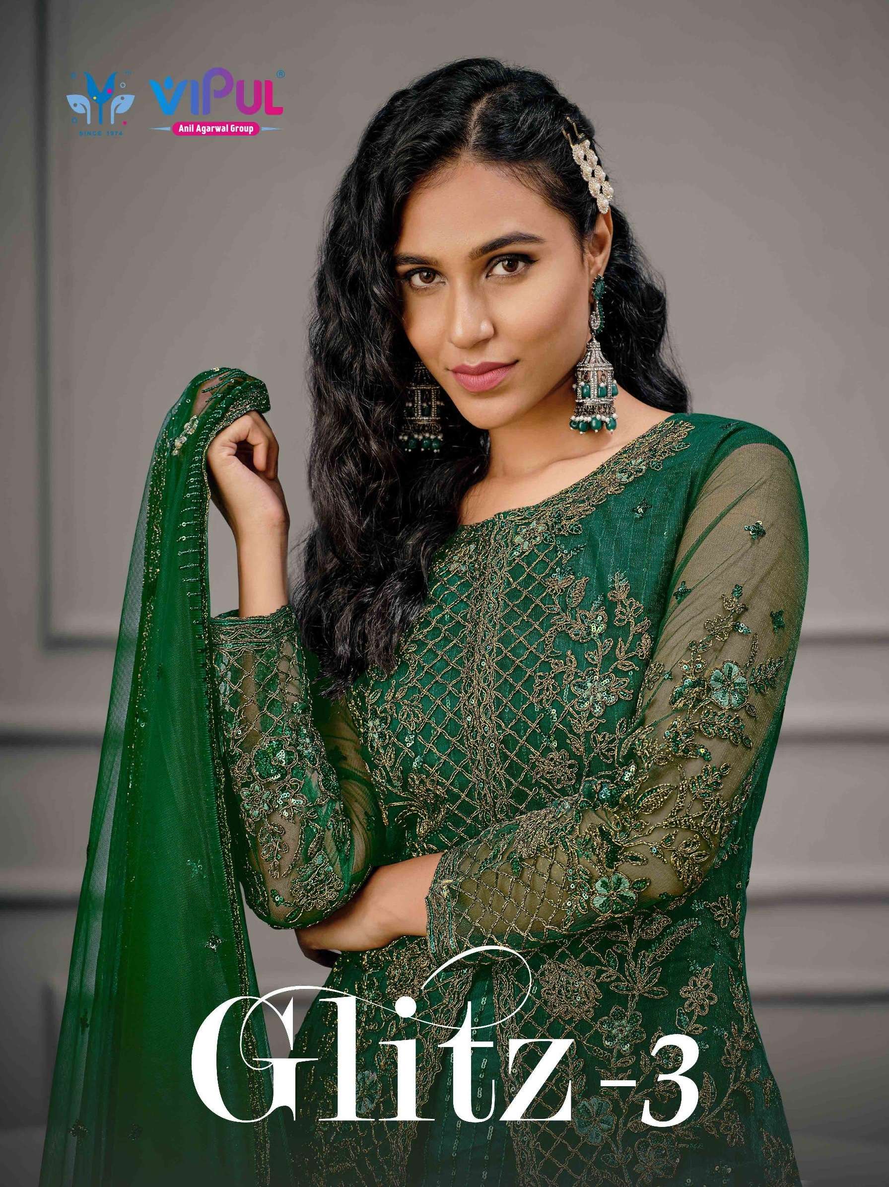 GLITZ VOL-3 BY VIPUL 4921 TO 4929 SERIES HEAVY DESIGNER NET DRESSES