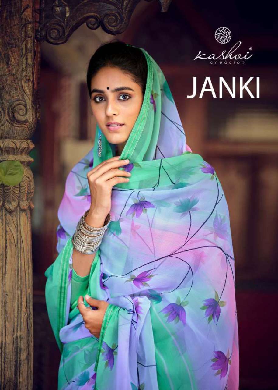 JANKI BY KASHVI CREATION 98001 TO 98010 SERIES DESIGNER PRINTED CHINON SAREES