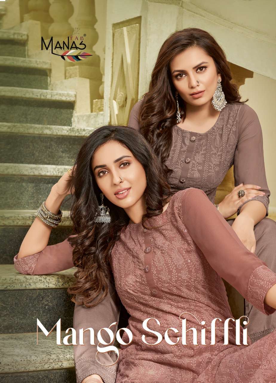 MANGO SCHIFFLI BY MANAS FAB 1001 TO 1006 SERIES GEORGETTE SCHIFFLI WORK DRESSES